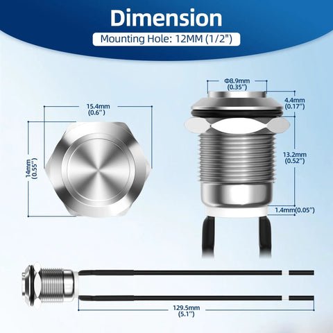 Diagram of 12V Momentary Push Button Switch 12mm Metal Waterproof Push Button Silver Normally Open SPST 2 Pin dimensions