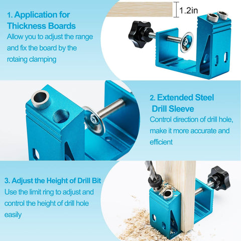 Pro Grade All In One Pocket Hole Jig Kit for precise dowel drill joinery in woodworking, showing adjustable clamp and drill sleeve.