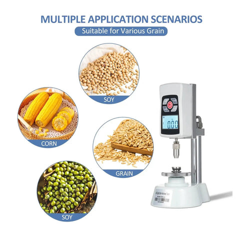 Straight Up Accurate Mini Grain Hardness Tester Meter With Crisp Digital Screen For Farm Fresh Seed Checks with corn, soy, and grain displayed.