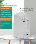 Drone Battery Charger With Storage Mode And Two Way Charging Hub PD45W Fast Charge; features storage and charging modes with LED indicators.