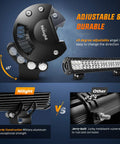 Adjustable mount and durable construction of 20 Inch 126W Spot Flood Combo LED Light Bar for off road trucks, boats, and more.