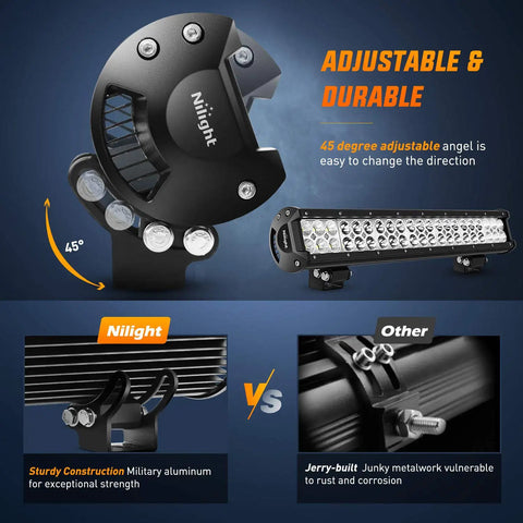 Adjustable mount and durable construction of 20 Inch 126W Spot Flood Combo LED Light Bar for off road trucks, boats, and more.