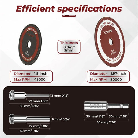 Heavy Duty Cut Off Wheel Set For Rotary Tools, 20 Pieces With 10 1.5 Inch Discs And 10 1.97 Inch Discs, Fiberglass Reinforced, specifications