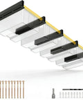 Overhead Garage Storage Rack System With Five Rails Set, shown with installed ceiling racks holding four plastic totes