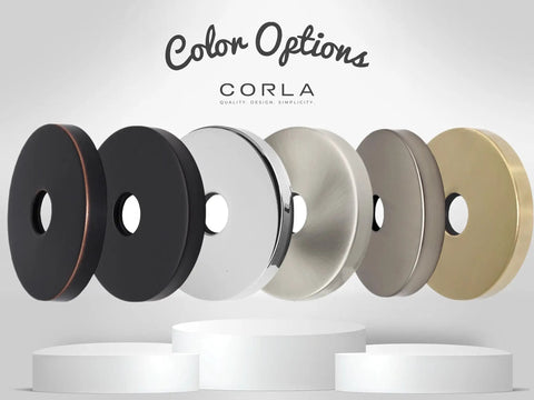 Color options display for Extra Large 3.5 Inch Shower Escutcheon Plate in Oil Rubbed Bronze and other finishes.