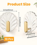10 Pack Invisible Adhesive Wall Hooks With Chic Gold Shell Design Waterproof Heavy Duty Strong Hold For Bathroom Shower Kitchen Organization Easy Install Straight Up Game Changing Setup product size showing dimensions of hooks