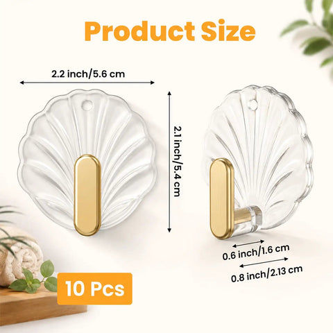 10 Pack Invisible Adhesive Wall Hooks With Chic Gold Shell Design Waterproof Heavy Duty Strong Hold For Bathroom Shower Kitchen Organization Easy Install Straight Up Game Changing Setup product size showing dimensions of hooks