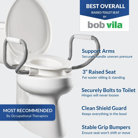 3 Inch Raised Toilet Seat With Grippy Handles For Easy Sitting And Standing, Heavy Duty Construction With Secure Hinges And Clean Shield Guard