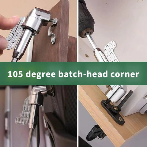 105 Degree Right Angle Drill Attachment Set with Long and Short Reach Adapters in use on cabinets and tight spaces