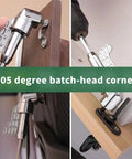 105 Degree Short Right Angle Drill Adapter With 1/4 Inch Hex Magnetic Bit Holder and S2 Steel Driver Bits in use on furniture corner.
