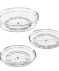 Three Pack Lazy Susan Turntable Organizer Set For Cabinets Pantry Fridge And Countertop Storage Makes Kitchen Organization A Breeze 360 Degree Rotating Spice And Condiment Organizer In 9.25 Inch 10.6 Inch And 12 Inch Sizes, transparent plastic, top view