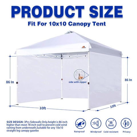 White canopy with SunWalls Sidewalls For 10x10 Canopy Frame, 3 Pack, showing 86-inch height and side zipper feature.