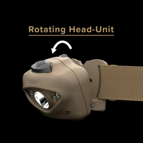 Vizz Headlamp 550 Lumen Dimmable LED With IPX7 Water Resistance showcasing rotating head-unit in tan tactical build.