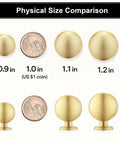 10 Pack Solid Brass Cabinet Knobs Round Ball Gold Pulls For Dresser And Cabinets 1.1 Inch Diameter Brushed Brass Finish size comparison