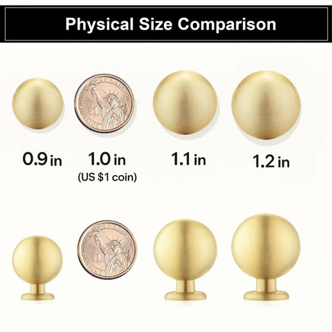 Solid Brass Cabinet Knobs 1.1 Inch Round Ball Gold Brushed Finish Dresser Drawer Pulls 15 Pack Sphere Knobs Size Comparison