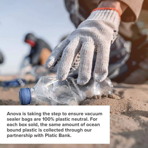 Gloved hand picking up plastic bottle, emphasizing environmental efforts related to Precision Vacuum Sealer Bags Pre Cut 8.6 By 11.8 Clear Easy Tear Tops Pack Of 50 For Quick Hassle Free Food Sealing And Fresh Storage Ideal For Meal Prep Freezer Safe And Fridge Organization.