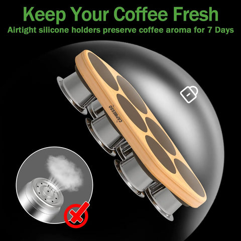 Six Pack Reusable Stainless Steel Nespresso OriginalLine Pods With 100 Lids And Wood Storage Tray Refillable Coffee Capsules