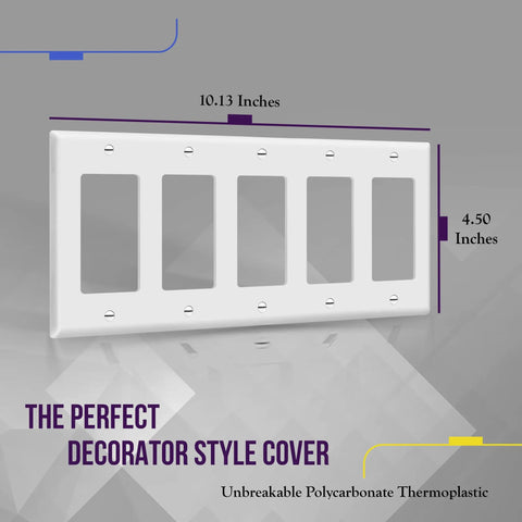 Decorator Light Switch And Receptacle Wall Plate Gloss Finish 5 Gang 4.50 By 10.03 Inches Heavy Duty Polycarbonate Thermoplastic White