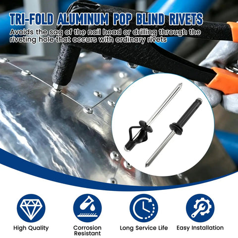 110 Piece Black Aluminum Tri-Fold Rivet Kit With Waterproof O Rings for boats and marine panels, shown with rivet tool in use.