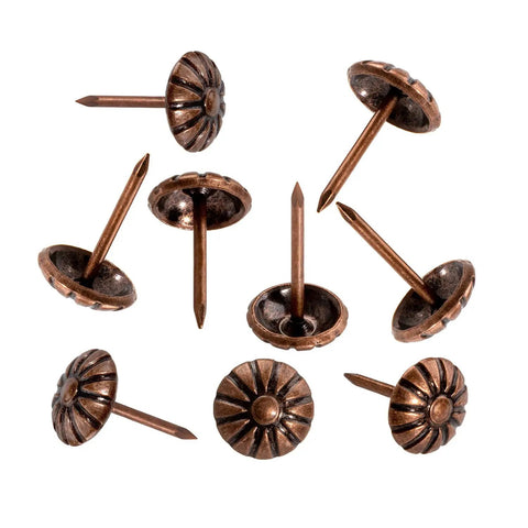 Killer Red Copper Upholstery Tacks With Classic Daisy Pattern For Furniture Restoration 100 Piece Pack close-up view