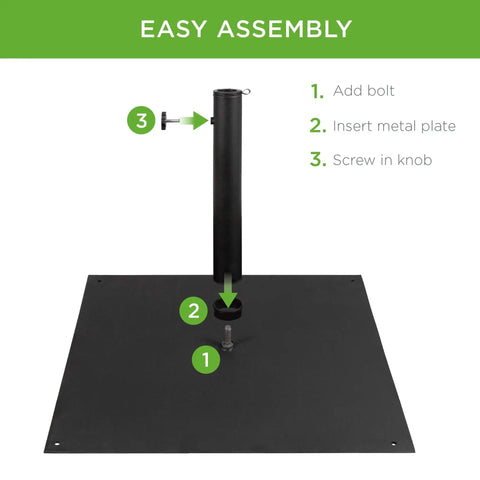 Beefy 38.5 Pound Steel Umbrella Base Square Weighted Patio Stand assembly instructions with knob and anchor holes