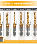 Junreox 6-pack HSS titanium drill and tap bits, 1/4-inch hex shank, SAE sizes 6-32NC to 1/4-20NC (front view).