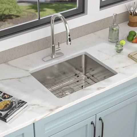 23 Inch Undermount Bar Sink Single Bowl 16 Gauge 304 Stainless Steel For Kitchen RV Wet Bar Prep Durable Easy Clean Undermount Design Ideal For Home And Professional Prep In Kitchen Or RV installed in marble countertop