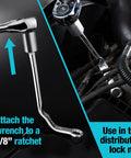 Distributor Clamp Wrench Set 1/2 Inch And 9/16 Inch SAE with 12 Point Box Ends in use with 3/8 Inch drive ratchet adapter.