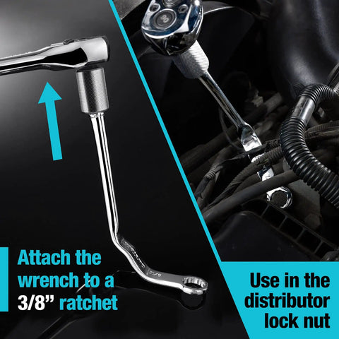Distributor Clamp Wrench Set 1/2 Inch And 9/16 Inch SAE with 12 Point Box Ends in use with 3/8 Inch drive ratchet adapter.