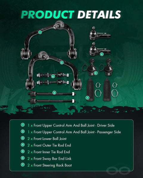 Beefed Up 12 Piece Front Upper Control Arms Kit With Ball Joints Outer And Inner Tie Rod Ends Boots And Sway Bar Link For Ford F 150 2005 2008 And Lincoln Mark LT 2006 2008, 12-piece suspension parts layout