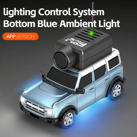 WLtoys 1 To 64 Scale Mini RC Car With 720P HD FPV Camera, blue LED ambient lights, side view with lighting control system.