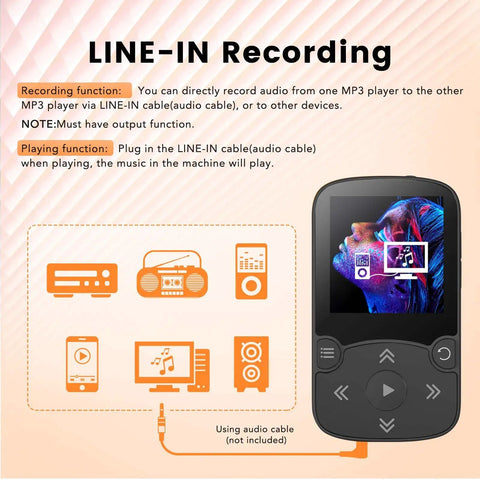 64GB MP3 Player With Clip For Sports A65 Bluetooth 5 Point 3 Music Player showing line-in recording feature and icons.