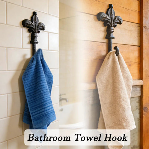 Top Shelf Single Piece Heavy Duty Cast Iron Wall Hook With Screws Vintage Coat Hanger Organizer For Scarves Bags Towels Keys Cap Rustproof Badass Home Decor Accessory with blue and beige towels.