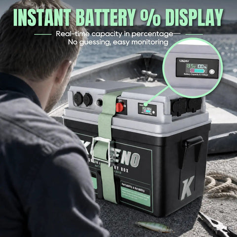 Man monitoring instant battery display on Smart Marine Battery Box 12V 24V Power Center With USB C And QC3.0 Quick Charge Port for boat.