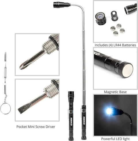 NEIKO 20736A six-piece magnetic tool and telescoping mirror set with LED light and magnetic pickup