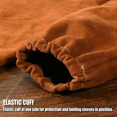 Elastic cuff detail of Leather Welding Sleeve For Men And Women, Heat And Flame Resistant Arm Protection With Kevlar Stitching, Brown.
