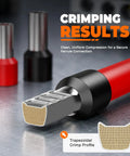 Heavy Duty Ferrule Crimping Tool For Large Wire Ferrules AWG 10 To 2 And 6 To 35 Mm2 Pro Grade Build For Electricians And Do It Yourself Projects With Easy Grip And Durable Construction showing trapezoidal crimp profile on red wire