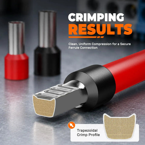 Heavy Duty Ferrule Crimping Tool For Large Wire Ferrules AWG 10 To 2 And 6 To 35 Mm2 Pro Grade Build For Electricians And Do It Yourself Projects With Easy Grip And Durable Construction showing trapezoidal crimp profile on red wire