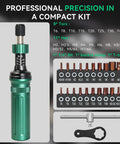 Precision Torque Screwdriver Set With 10 To 70 Inch Pounds Range Quarter Inch Drive 24 Piece Handy Kit, green metal handle and bits