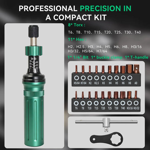 Precision Torque Screwdriver Set With 10 To 70 Inch Pounds Range Quarter Inch Drive 24 Piece Handy Kit, green metal handle and bits