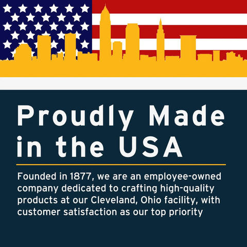 Banner image with city skyline silhouette and American flag background, text stating 'Proudly Made in the USA' and company info.