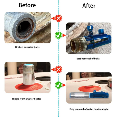 Before and after of Pipe Extractor Tool Set For Removing Broken Pipes And Nipples Fits Half Inch To One Inch Pipe Capacity