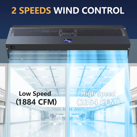 72 Inch Black Commercial Air Curtain, 2350 CFM Heavy Hitter Indoor Entrance Fan showing dual speed control options.