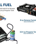 Dual Fuel Gas Camping Stove for Butane or Propane with regulator, showing 8 oz butane and 16.4 oz propane compatibility