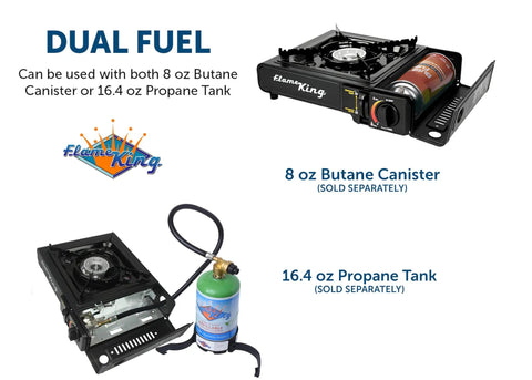 Dual Fuel Gas Camping Stove for Butane or Propane with regulator, showing 8 oz butane and 16.4 oz propane compatibility