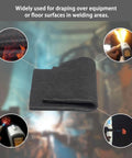 Heavy Duty High Temp Welding Blanket 12x12 Inches, 6mm Thick Felt Carbon Fiber Shield For Heat Protection During Welding, Soldering, Grinding, and Forge Work, shown folded with sparks and heat in background.
