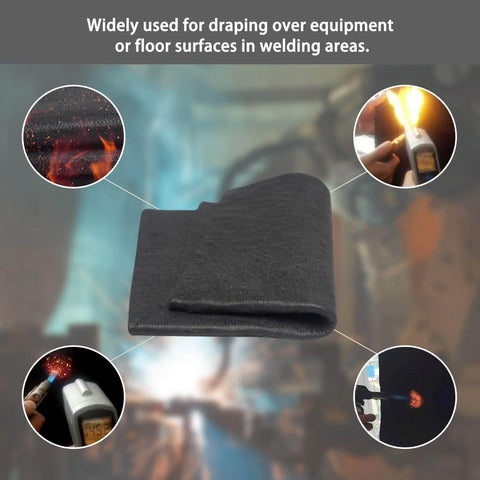Heavy Duty High Temp Welding Blanket 12x12 Inches, 6mm Thick Felt Carbon Fiber Shield For Heat Protection During Welding, Soldering, Grinding, and Forge Work, shown folded with sparks and heat in background.