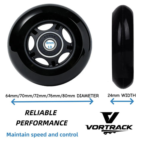 4 Pack Inline Hockey Skate Wheels Set With 85A PU ABEC-9 608-2RS Bearings And Floating Spacers, side and front view of wheel size options