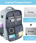 Open Carry On Travel Backpack 40L For Women Airline Approved showing 17.3 inch laptop and 12.9 inch iPad fitting compartments.