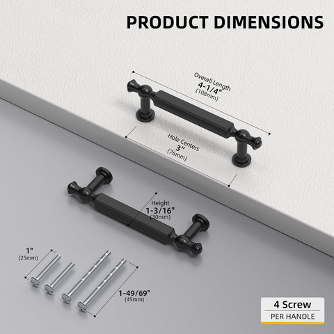 Dimensions of Five Pack 3 Inch Matte Black Cabinet Handles Zinc Alloy Drawer Pulls For Kitchen Cupboards Dresser Bathroom Bedroom Hardware With 76mm Hole Centers Built To Last Durable Finish shown with screws